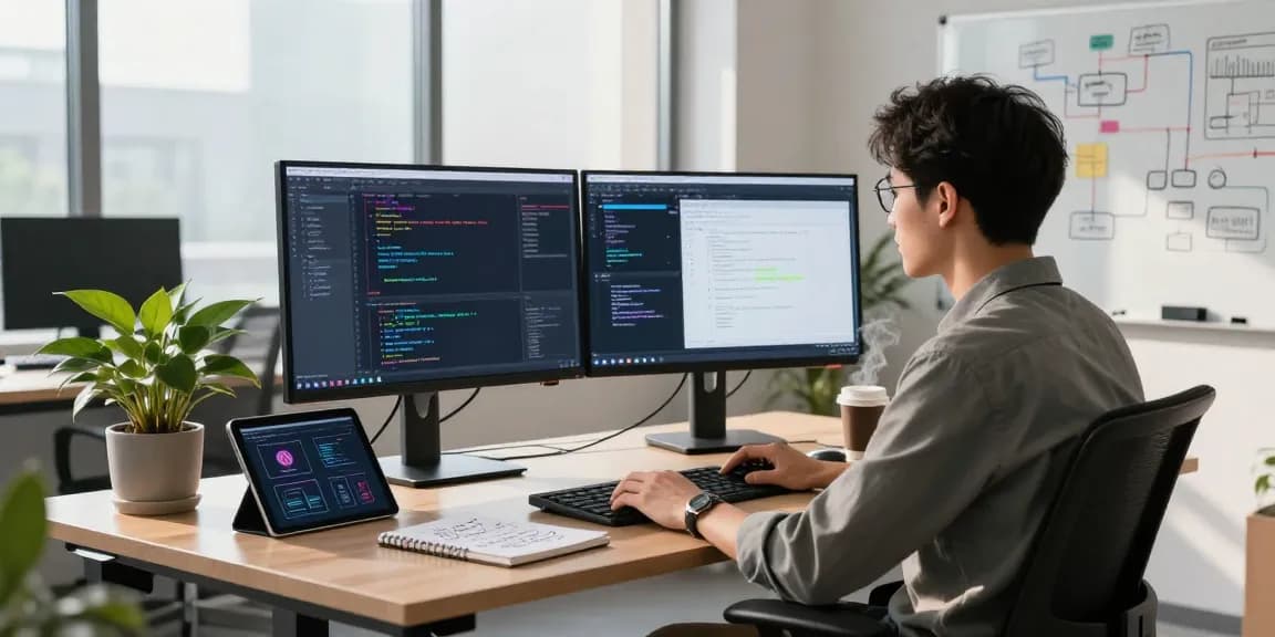 Developer focused on building internal tools with AI in a modern workspace, showcasing dual monitors with code and application design.
