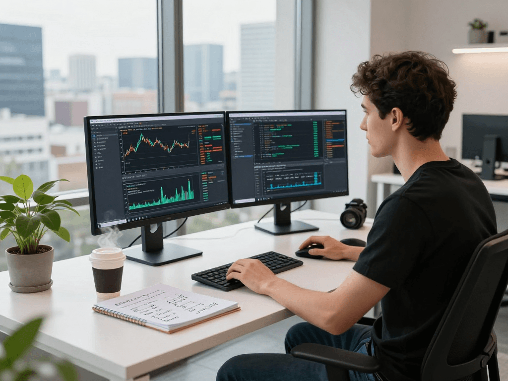 German algo trading stock API showcased in a modern workspace with live stock data and analysis.