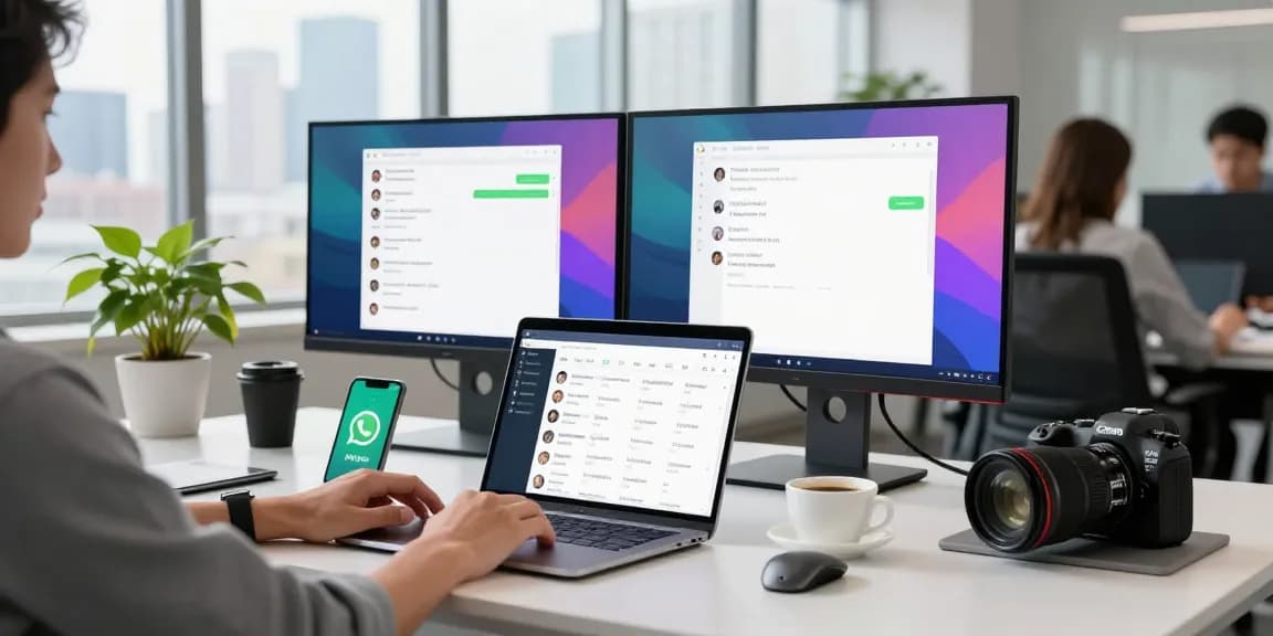 Modern office workspace showing WhatsApp網頁版 on laptop with notifications.