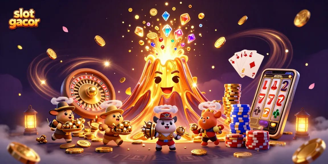 Experience thrilling wins with slot gacor as treasures and bonuses erupt from a golden volcano.