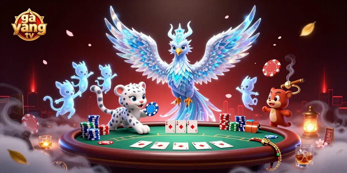 Engage with gà vàng tv's vibrant casino scene featuring an ice phoenix, poker elements, and glowing sprites.