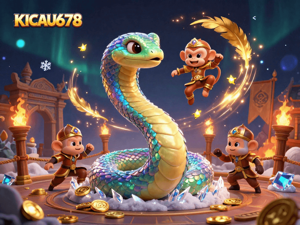 KICAU678 unleashes the thrill of gaming with a vibrant, enchanting casino scene featuring a magical serpent and gold.