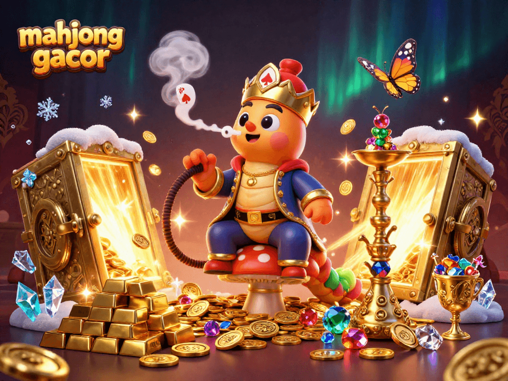 Play mahjong gacor with a vibrant 3D illustration of a whimsical scene filled with casino symbols and treasures.
