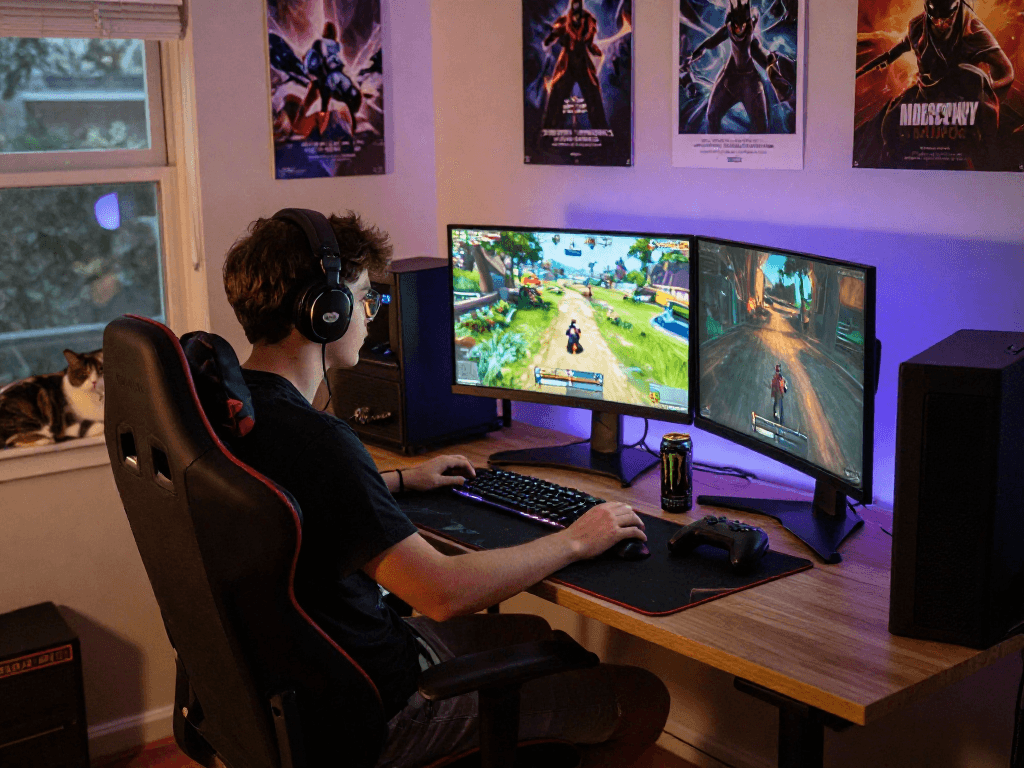 Engaging scene of a young gamer enjoying oxbet in a cozy home office.