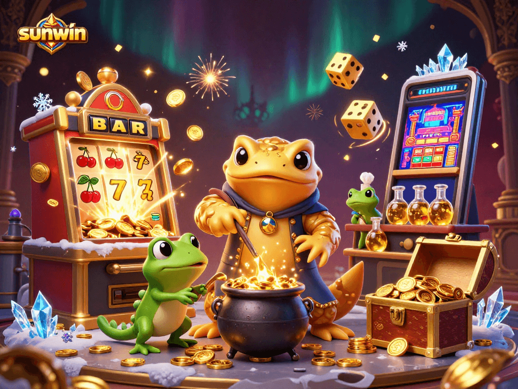Win big with sunwin in a vibrant 3D casino scene featuring golden elements and thrilling gameplay.
