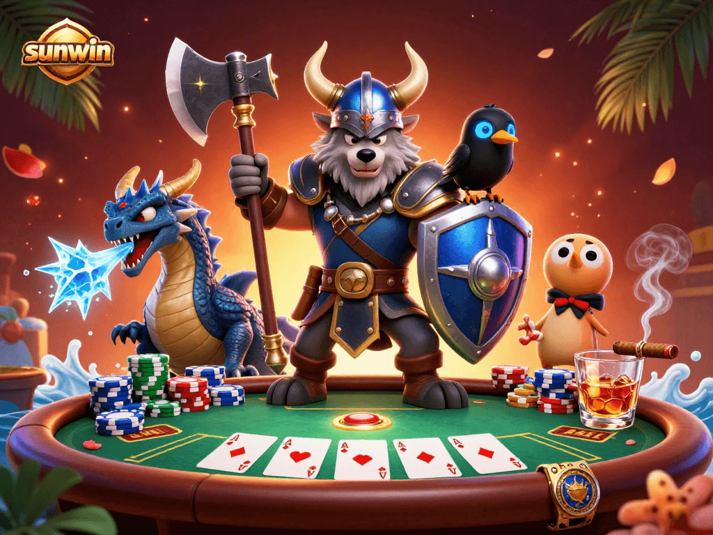 Experience the thrill of sunwin poker with a Viking warrior and magical elements in an exciting scene.
