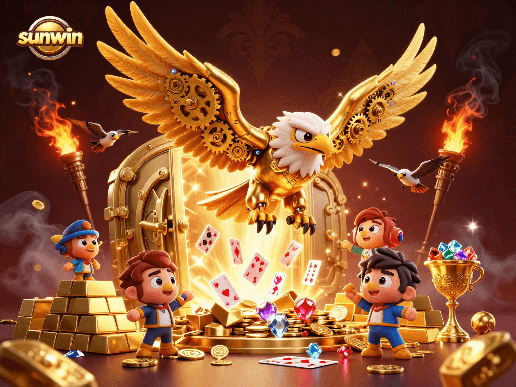 Engage with sunwin's gaming adventure featuring a cybernetic eagle surrounded by treasure!