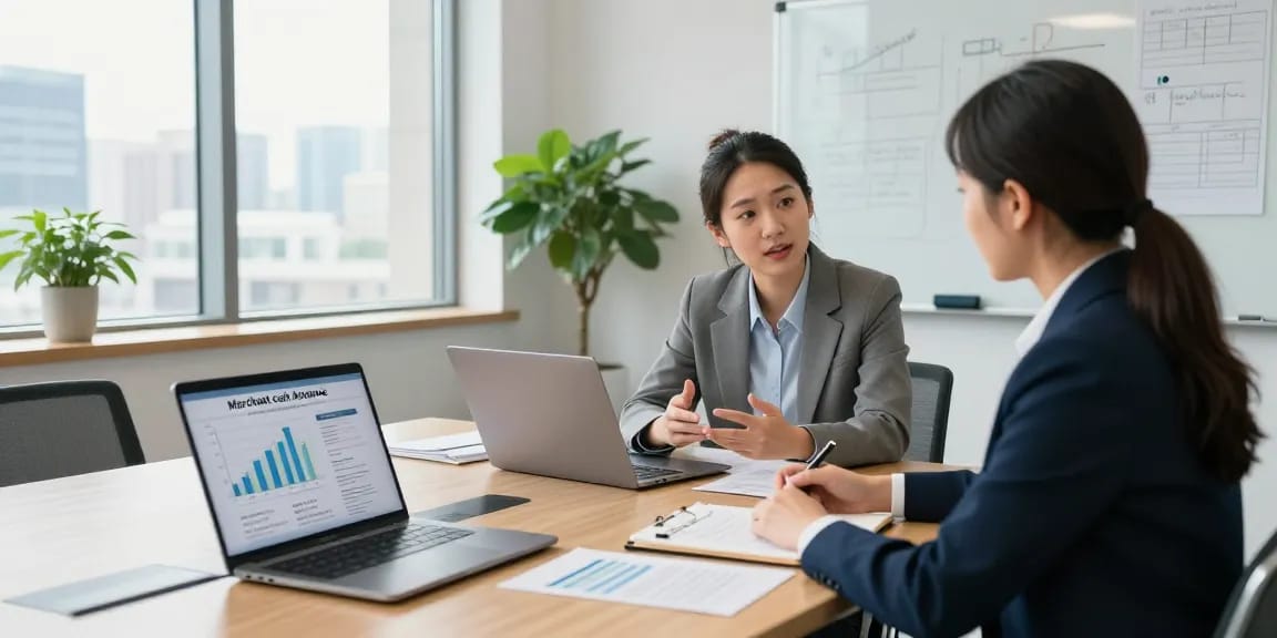 Best merchant cash advance options discussed in a modern office environment with financial documents and a business owner.