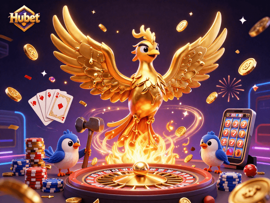 Engage in thrilling experiences at Hubet Casino with our vibrant 3D illustration featuring a golden phoenix.