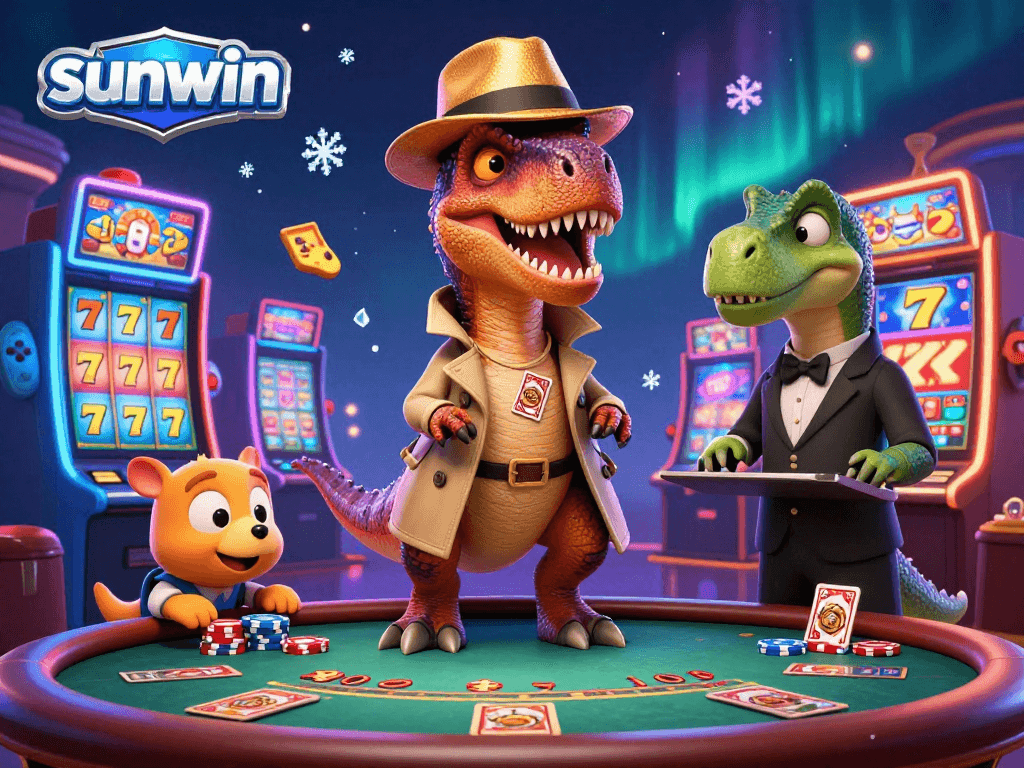 Experience thrilling blackjack action with sunwin's velociraptor card counter and stegosaurus pit boss in a dynamic 3D casino scene.