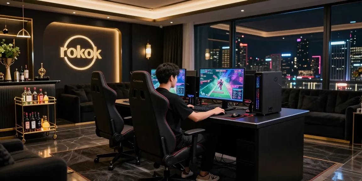 Experience luxury gaming with rokok 88 in an elegant black lounge setting, featuring premium equipment and a vibrant city view.
