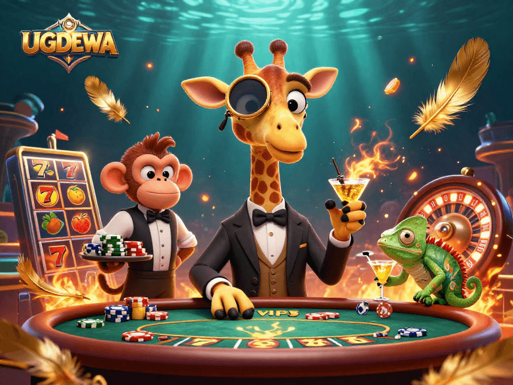 Engage with UGDEWA's vibrant casino atmosphere featuring a giraffe, monkey, and chameleon amidst golden game elements.