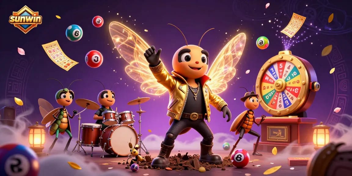 sunwin engages players with an exciting casino scene featuring a cicada rock star and colorful lottery elements.