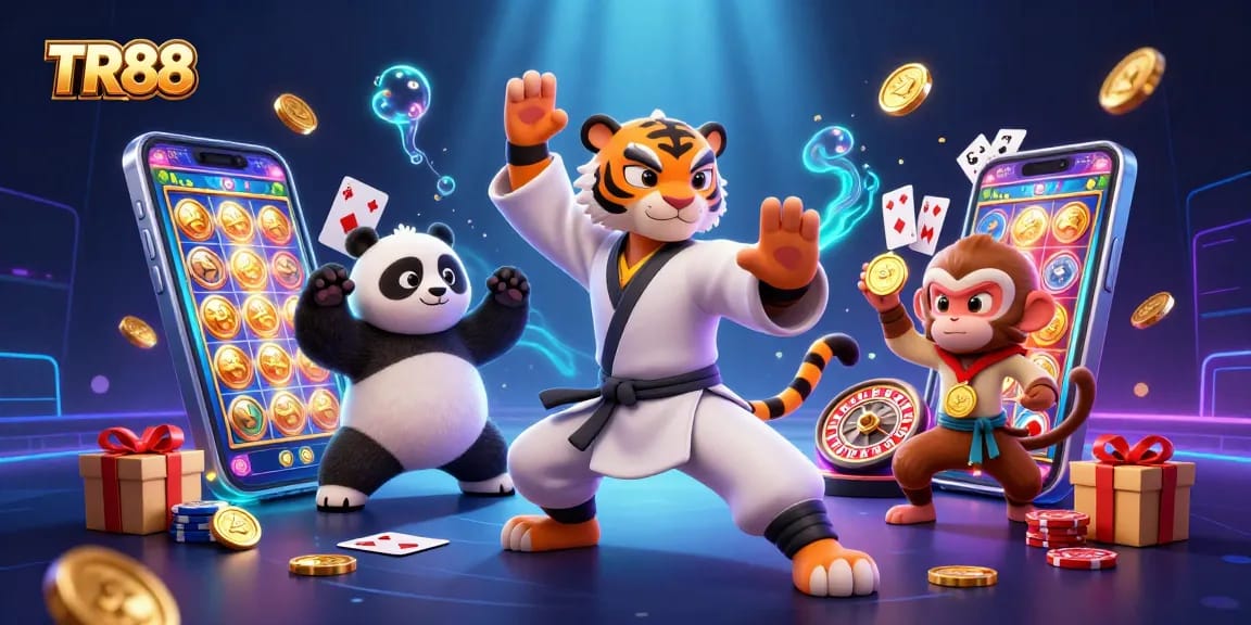 Experience the excitement of TR88 with a playful kung fu tiger master and his students in a vibrant casino scene.