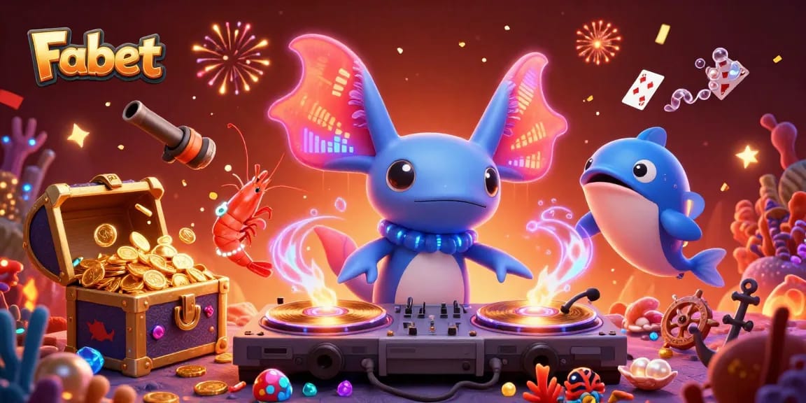 Engage with Fabet's vibrant underwater casino scene featuring an axolotl DJ, treasure chests, and lively sea creatures.