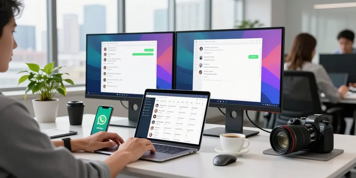Modern office workspace showing WhatsApp網頁版 on laptop with notifications.