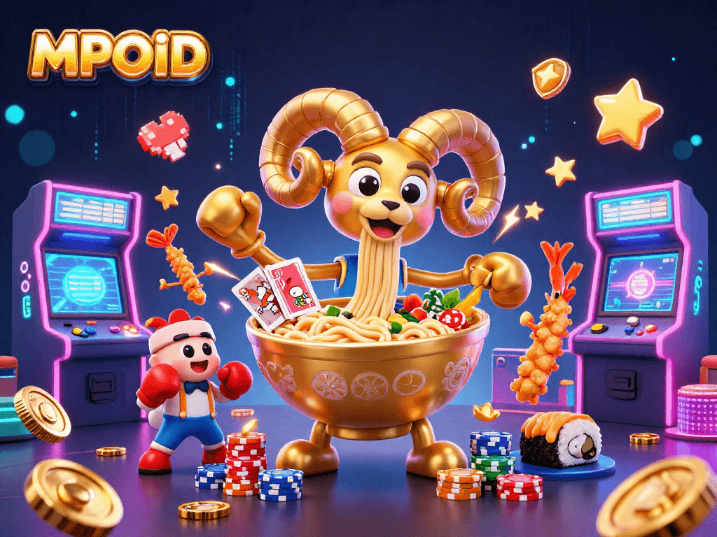 MPOID showcases vibrant and energetic 3D casino illustration with unique characters and gaming elements.