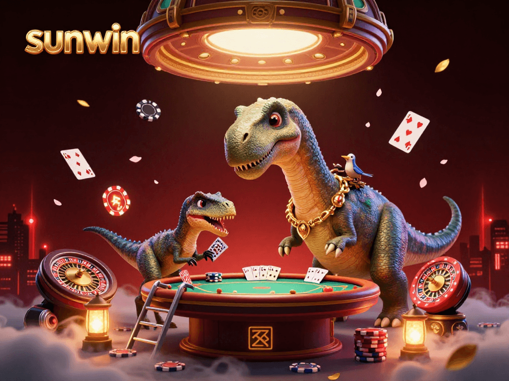 Engage with sunwin's vibrant casino scene featuring a massive brontosaurus overseeing a thrilling poker game.