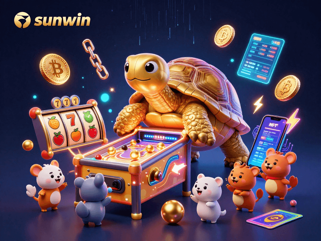 Experience excitement with sunwin, a golden tortoise and friends playing slots in a vibrant casino.