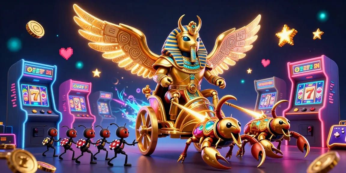 LLWIN invites players into an ultra-detailed 3D casino scene featuring a colossal golden scarab and gaming elements.