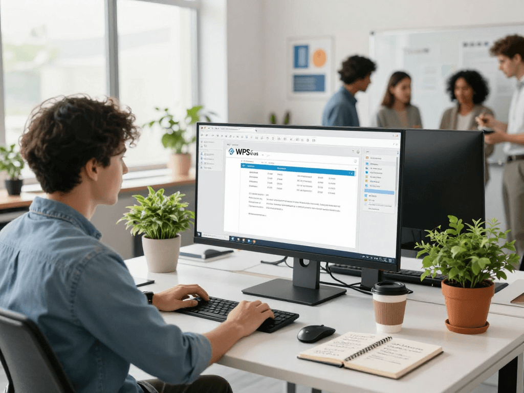 WPS Office下载官网界面的现代办公场景,展示年轻专业人士的高效工作环境。