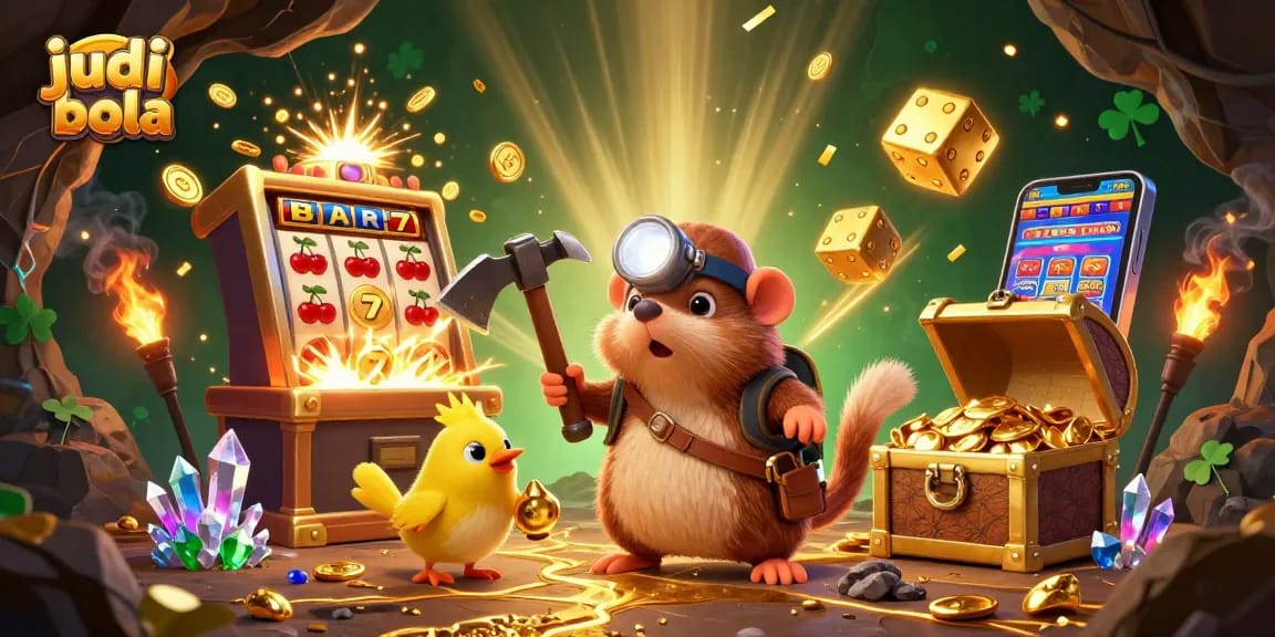Bet on judi bola with a treasure hunter mole and winning casino icons in a vibrant casino scene
