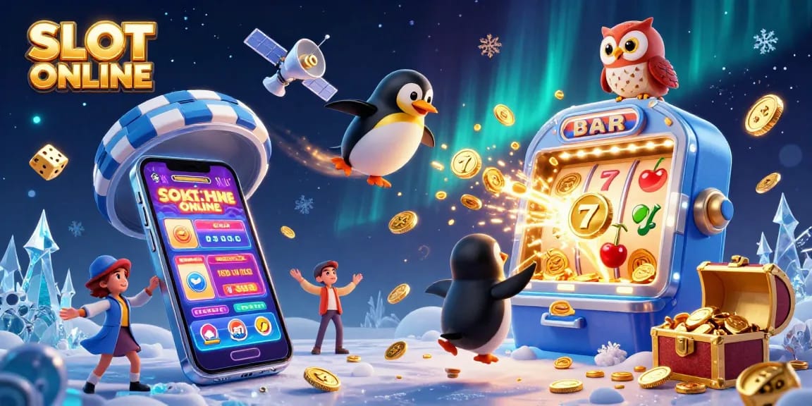 SLOT ONLINE showcases a fun animated scene with a golden penguin soaring to a casino, bursting with excitement and colorful elements.