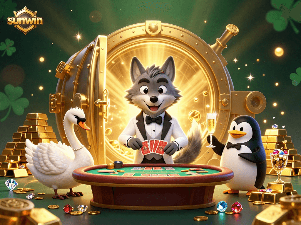 Engage with the sunwin casino experience featuring animated characters at a luxurious baccarat table.