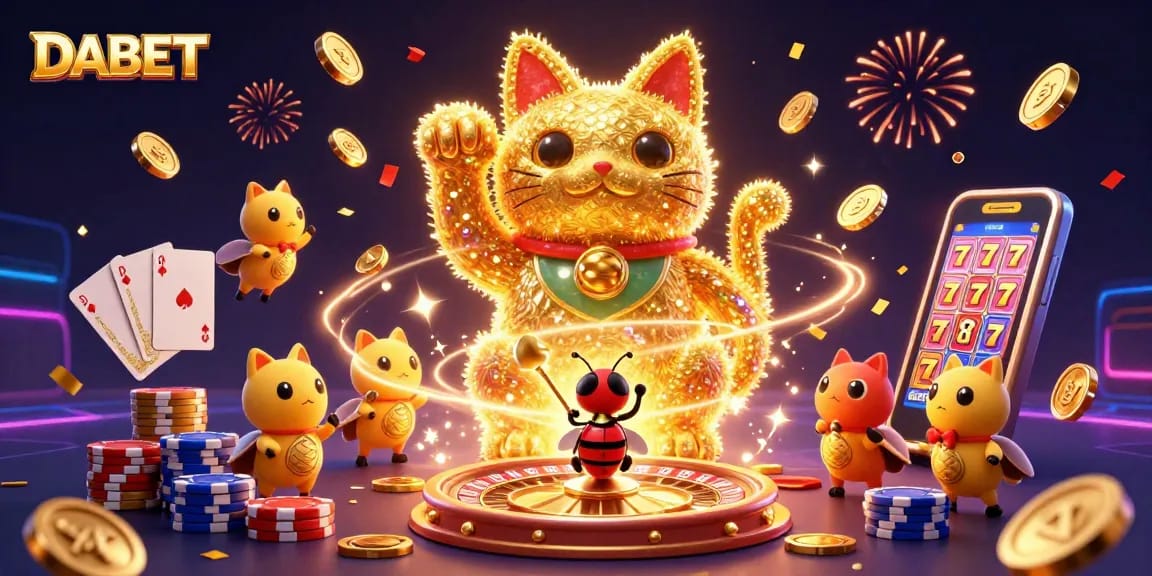 DABET offers a vibrant casino experience with golden fireflies, lucky cat, and slot machines.