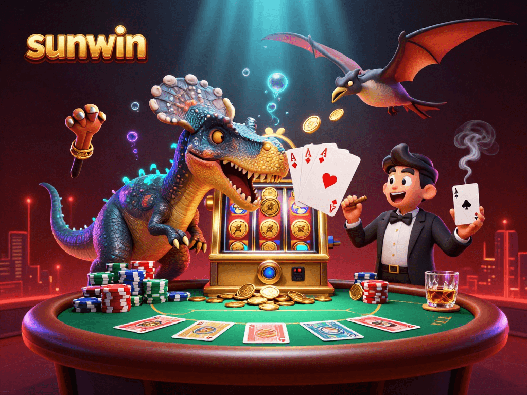 sunwin features a pachycephalosaurus headbutting a slot machine for jackpot coins in a lively casino scene