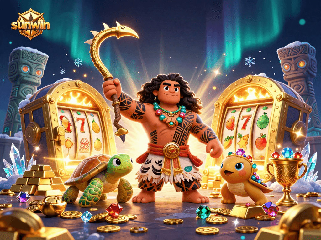 Experience immersive gaming with sunwin in a vibrant casino illustration featuring a demigod, treasures, and slot reels.