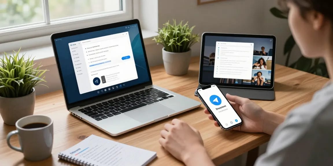 Downloading Telegram下载 on multiple devices in a cozy tech workspace.