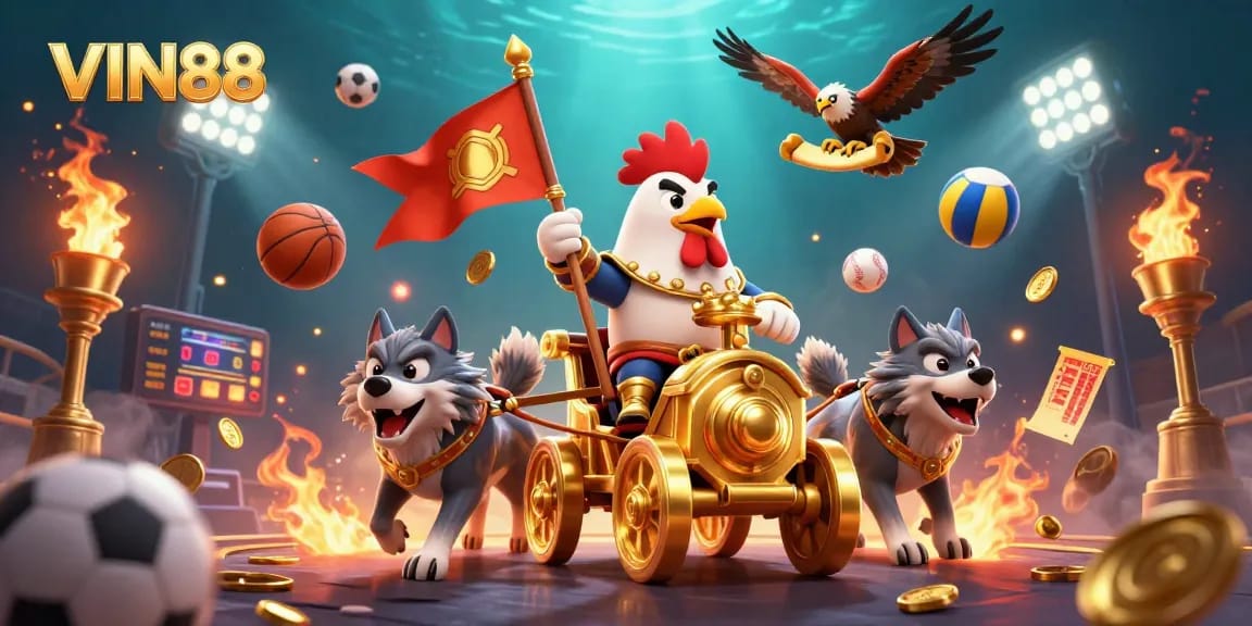 Engage in thrilling gameplay at VIN88 with a 3D cartoon rooster warrior and dynamic sports elements.