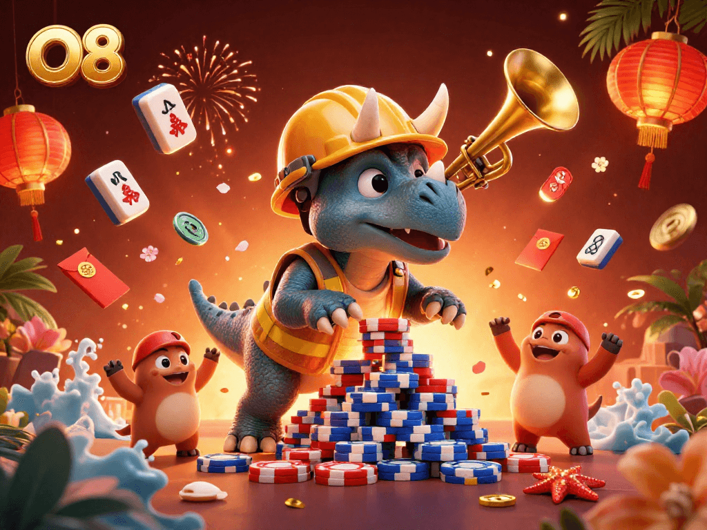 Experience thrilling gaming with O8's vibrant 3D casino illustration featuring cheerful characters and festive elements.