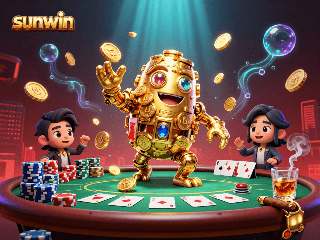 Engage in exciting gameplay with sunwin's lively poker scene featuring gold coins and charming characters.