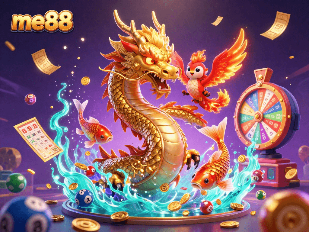 Experience me88's winning thrill with a vibrant dragon, phoenix, and koi fish amidst casino games and lottery elements.