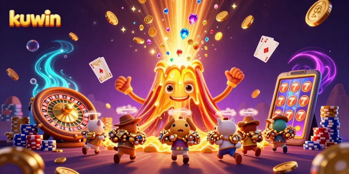 Experience thrilling kuwin gameplay with coins and treasures erupting from a golden volcano.