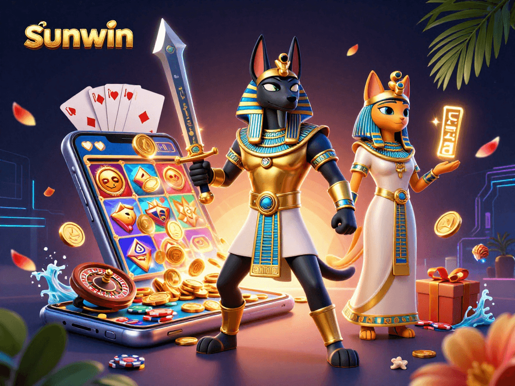 Engage with sunwin’s vibrant 3D gaming world featuring Anubis and Bastet amidst dynamic casino elements.
