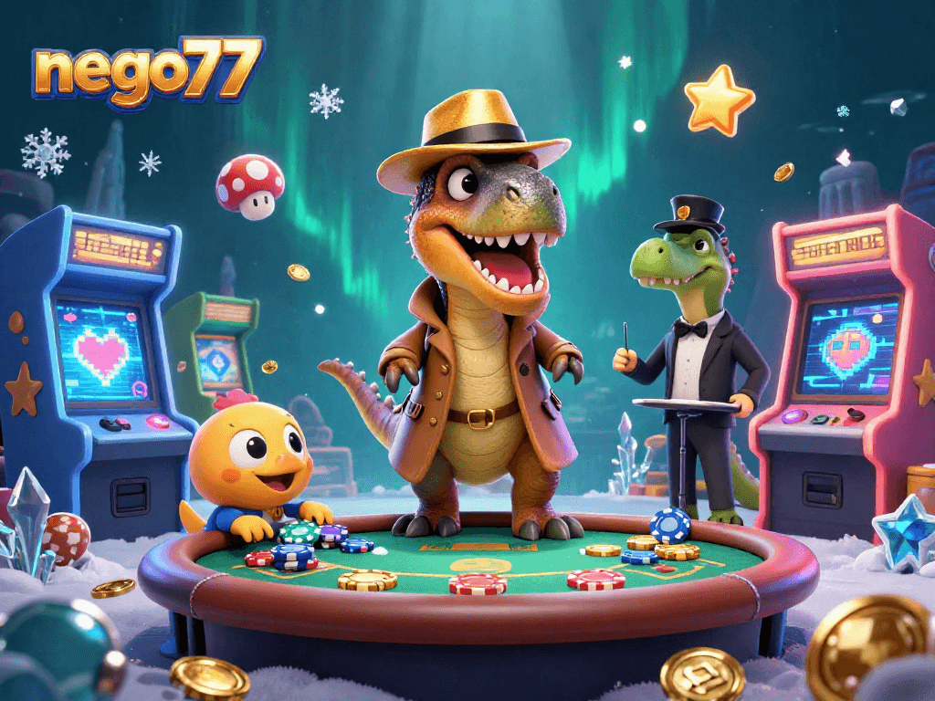 Experience the excitement of nego77 with a velociraptor card counter, a stegosaurus pit boss, and dynamic casino elements.