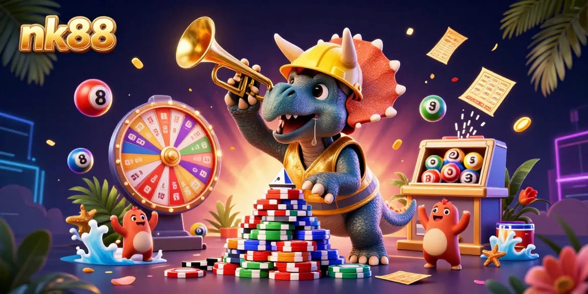 Experience the thrilling world of nk88 with dynamic lottery elements and cheerful characters in celebration.