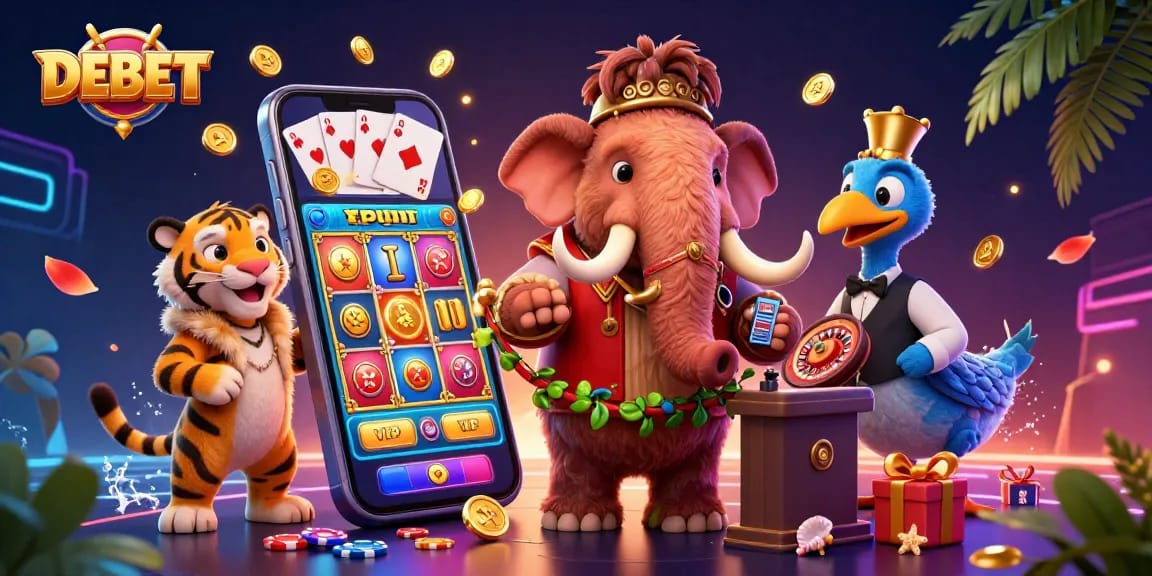Engage with DEBET's thrilling slots, featuring energetic characters in a vibrant casino setting.