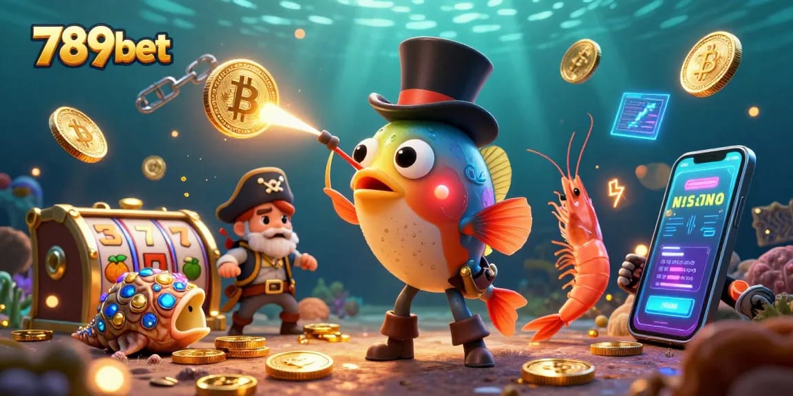 Engage with 789bet as cartoon characters attract coins in a vibrant underwater casino scene.