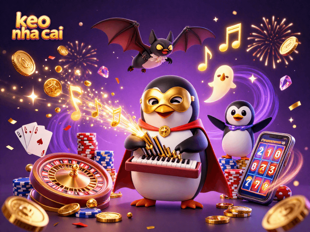 Experience keo nha cai with a penguin organist, flying coins, and vibrant casino scene.