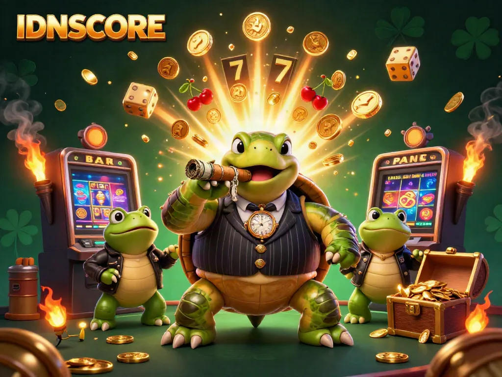 Experience thrilling wins at IDNSCORE with vibrant casino elements, featuring a tortoise in mobster attire amidst jackpots.