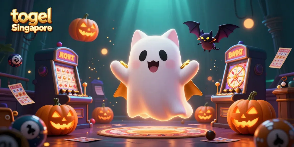 Engage with togel Singapore as a playful ghost cat explores a vibrant lottery scene.