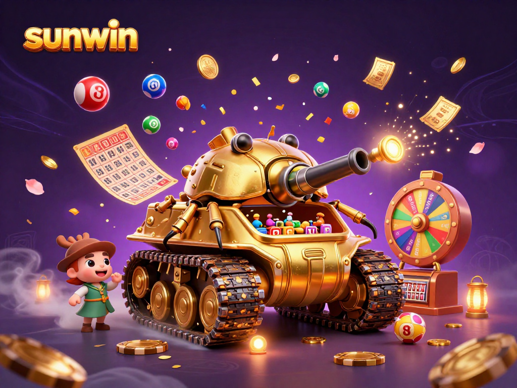 Experience the excitement of sunwin in a magical casino scene filled with lottery balls and confetti.