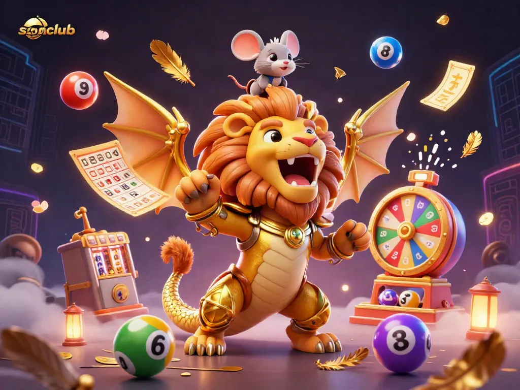Experience thrilling gaming adventures at sonclub with a roaring chimera and vibrant casino elements.