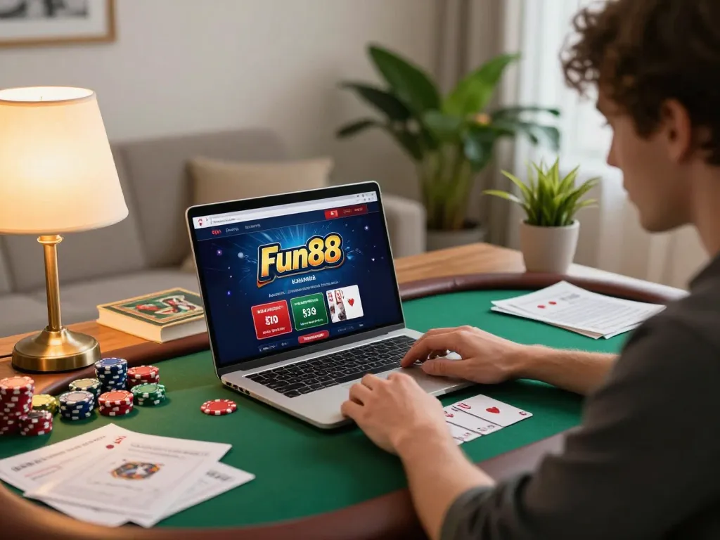 Fun88 online gaming session featuring a player immersed in a poker game setup.