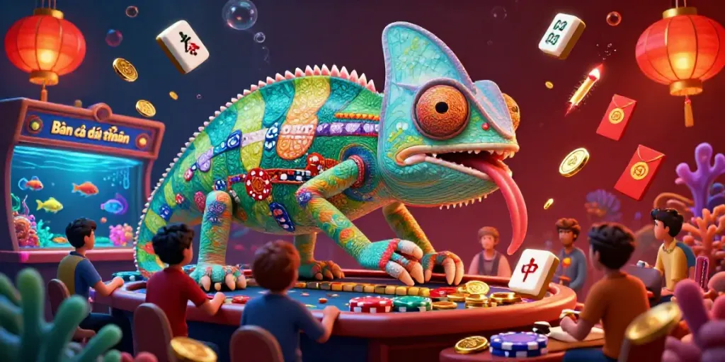 Engage in Bắn cá đổi thưởng as a chameleon casino owner captivates with vibrant underwater scenes in this exciting illustration.