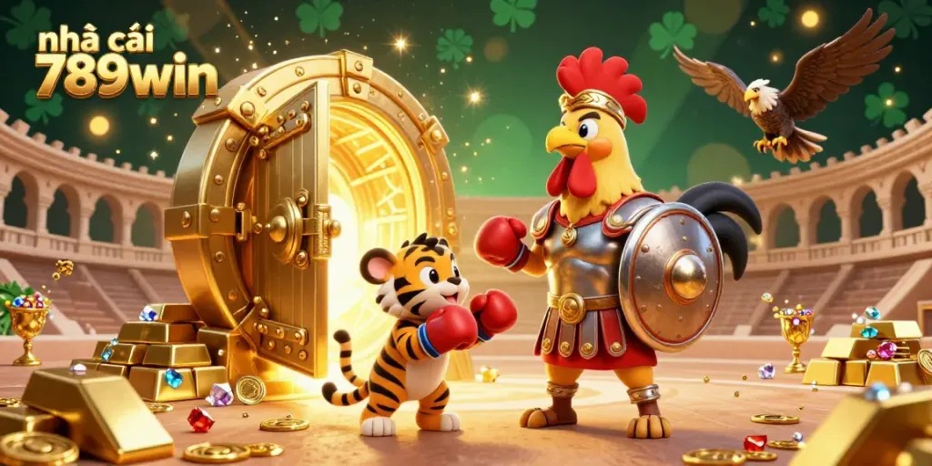 Engage with nhà cái 789win in an action-packed 3D illustration featuring a gladiator rooster, treasure, and gold.